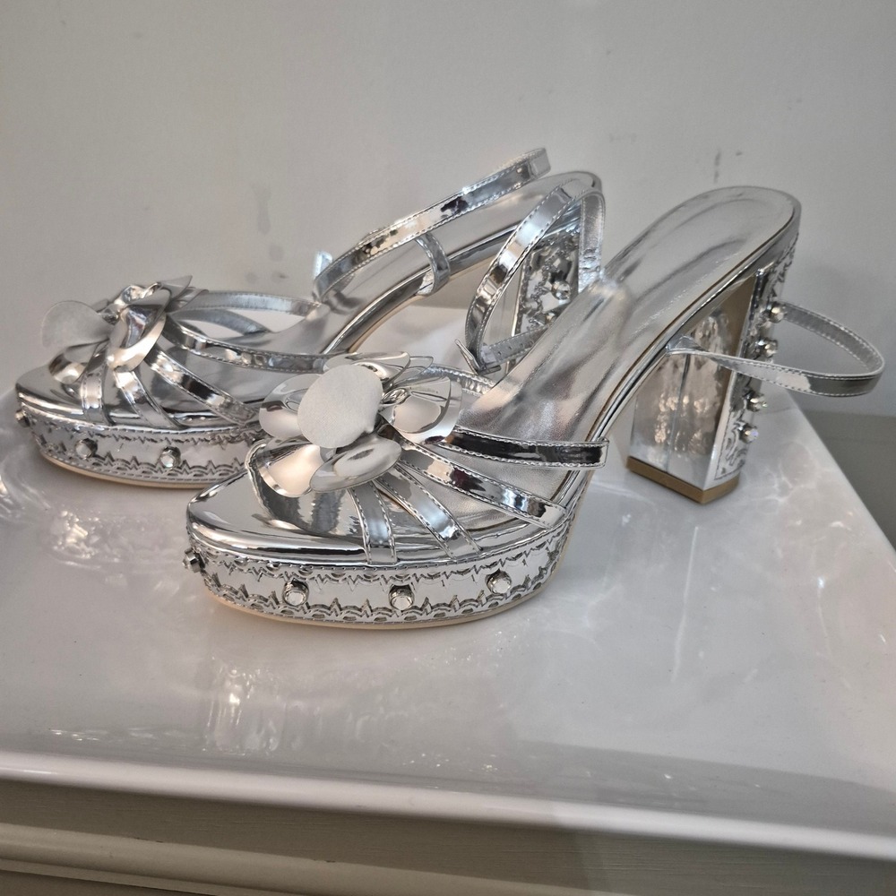 Silver Metallic Floral Platform Sandals Studded Block Heel Ankle Strap Dressy